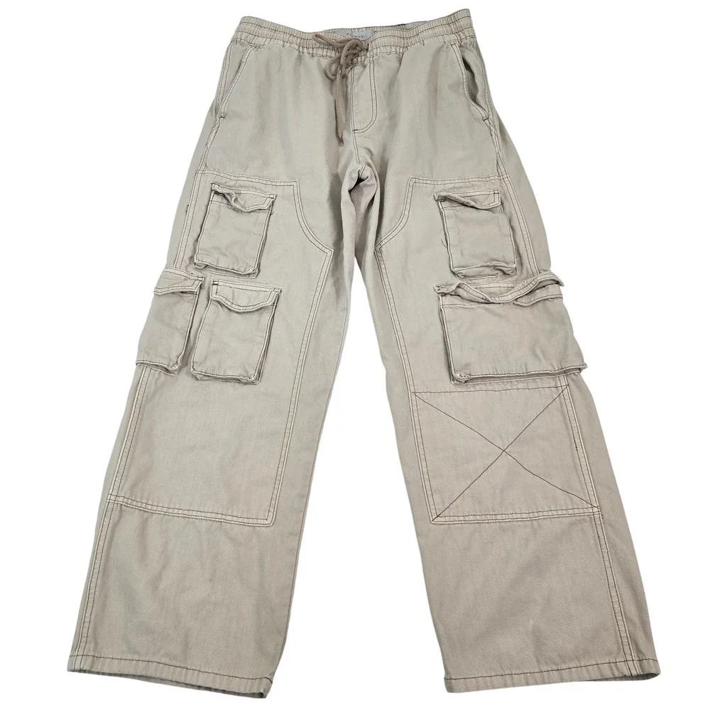 PacSun Mens Medium Baggy Cargo Pants Tan Beige Wide Leg Drawstring Skater Grunge
